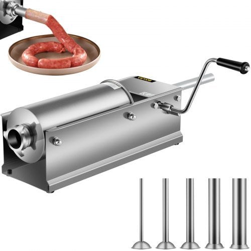 VEVOR Worstenvuller 5L, Roestvrijstalen Horizontale Handmatige Worstvuller Machine, Zilver