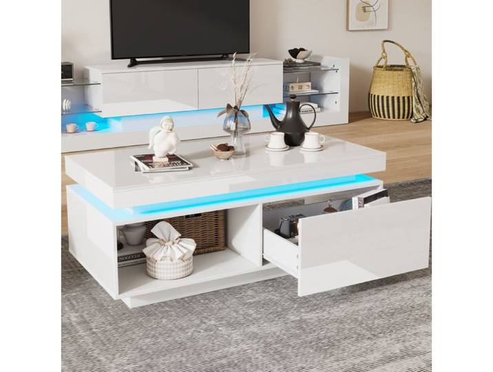 COVREO Meuble TV mural avec table basse blanc brillant LED USB panneau de particules