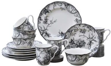 222 Fifth Adelaide 16-Piece Porcelain Dinnerware Set with Round Plates, Bowls, and Mugs, Black