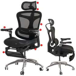 Bürostuhl HWC-N54, Schreibtischstuhl Drehstuhl, ergonomisch, Lordosenstütze Fußstütze 6D-verstellbare Armlehnen schwarz