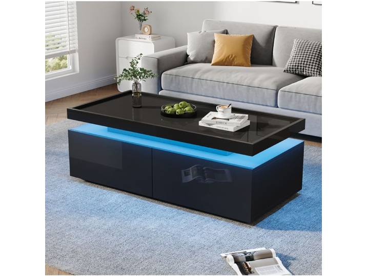 WOVREO Table basse 95x45x35 cm avec LED 2 tiroirs et rangement ouvert noir brillant