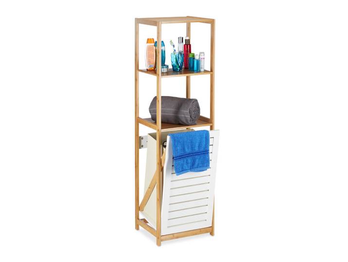Relaxdays Badregal Natur Weiß Bambus mit Wäschekorb 130 cm, Mehrfarbig, Holzwerkstoff, Kunststoff, 37x130x33 cm, Badezimmer, Badezimmerregal, Badregal