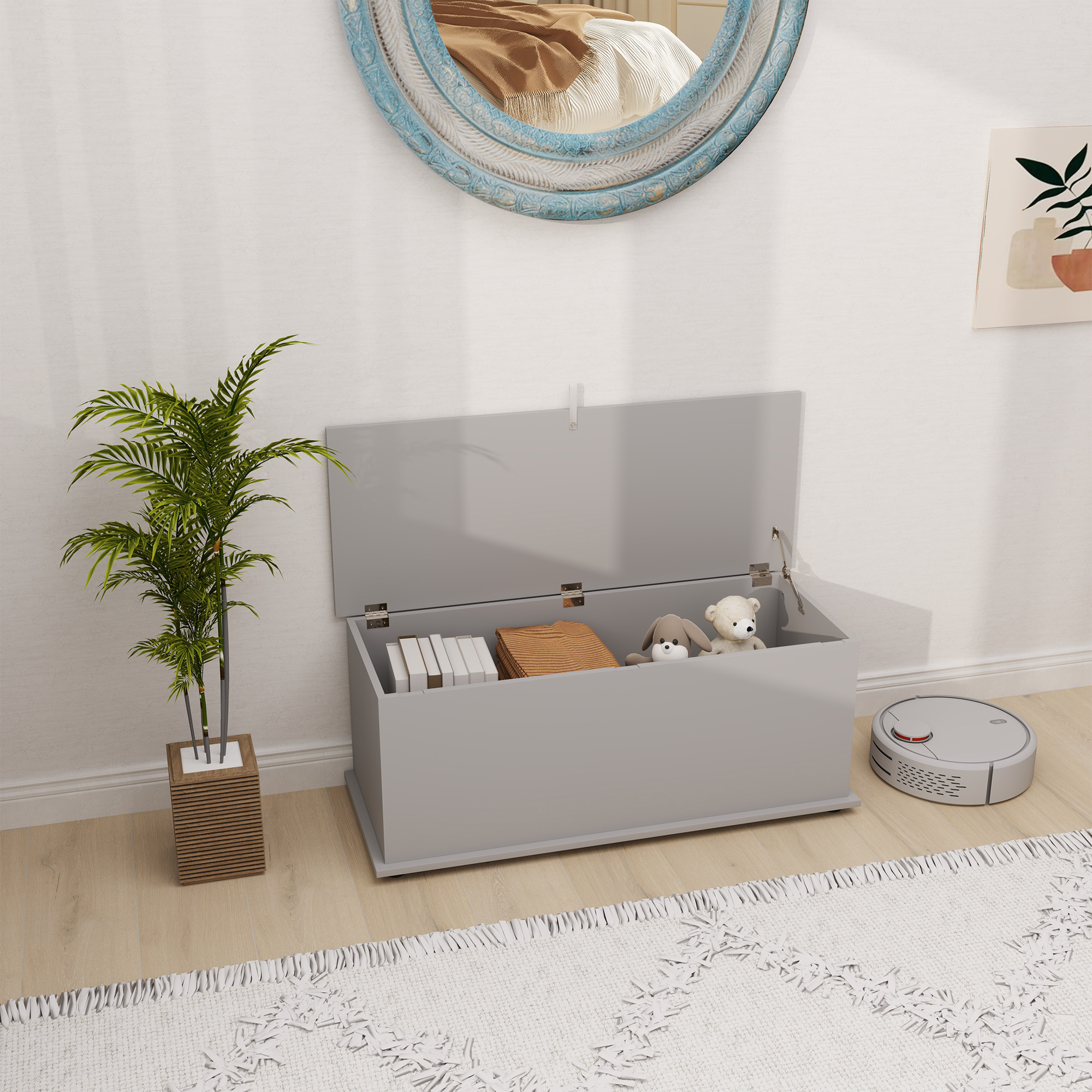 Homcom Baule contenitore, panca contenitore con coperchio ribaltabile e cerniere di sicurezza, 100 x 40 x 40 cm, grigio   Aosom Italy