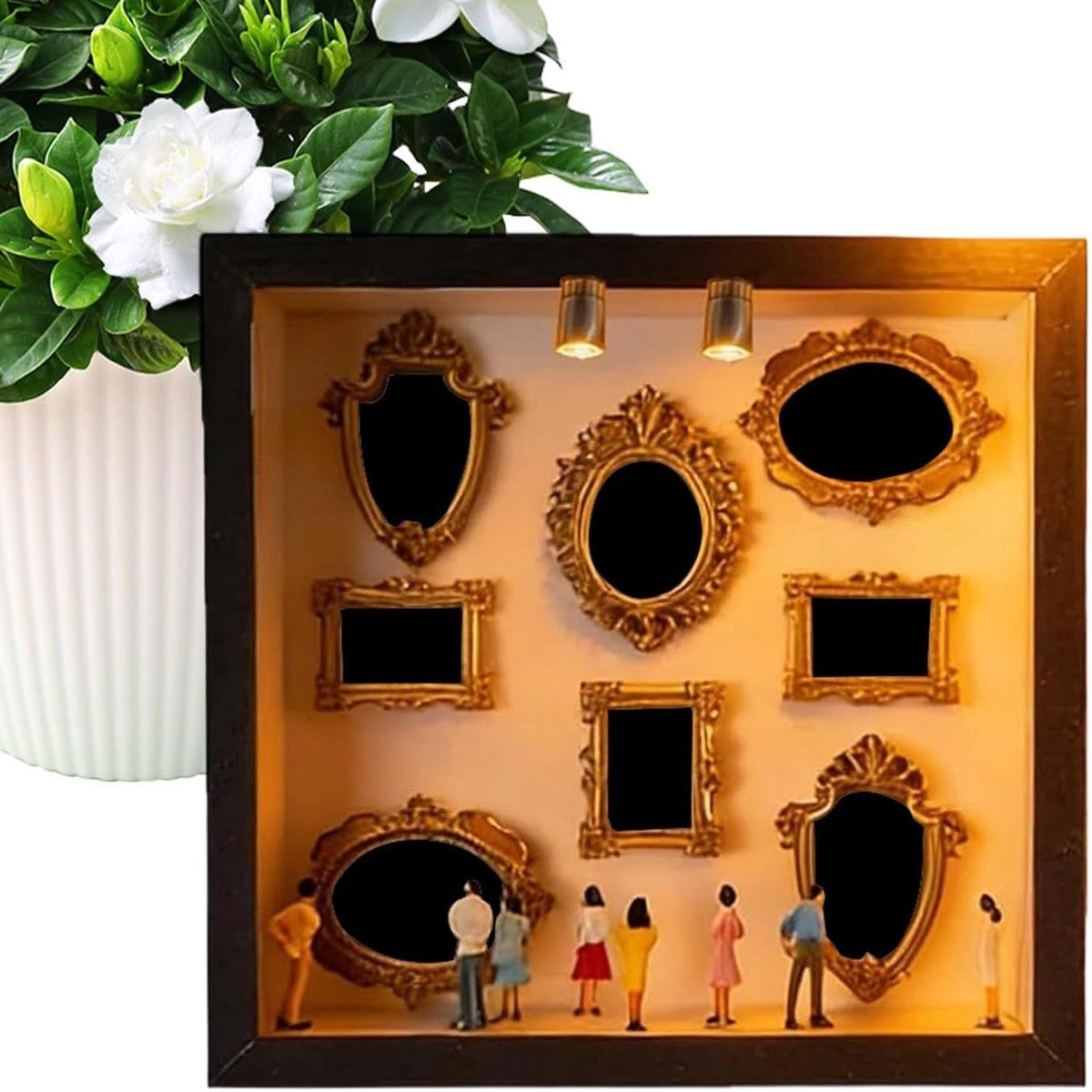 Mini Museum Houten Display Diorama Box met LED Verlichting - Zwart - B/D/H: 25 x 25 x 3,5 cm