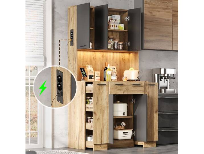 MEUVYX Étagère de Cuisine LED RGB Prises USB Rangement Coulissant Plan de Travail MDF Noir Bois 100 × 40 × 180 cm