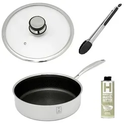 HENSSLERS Schmorpfanne ⌀ 26cm aus Edelstahl inkl. Deckel, Grill- zange und Bratöl