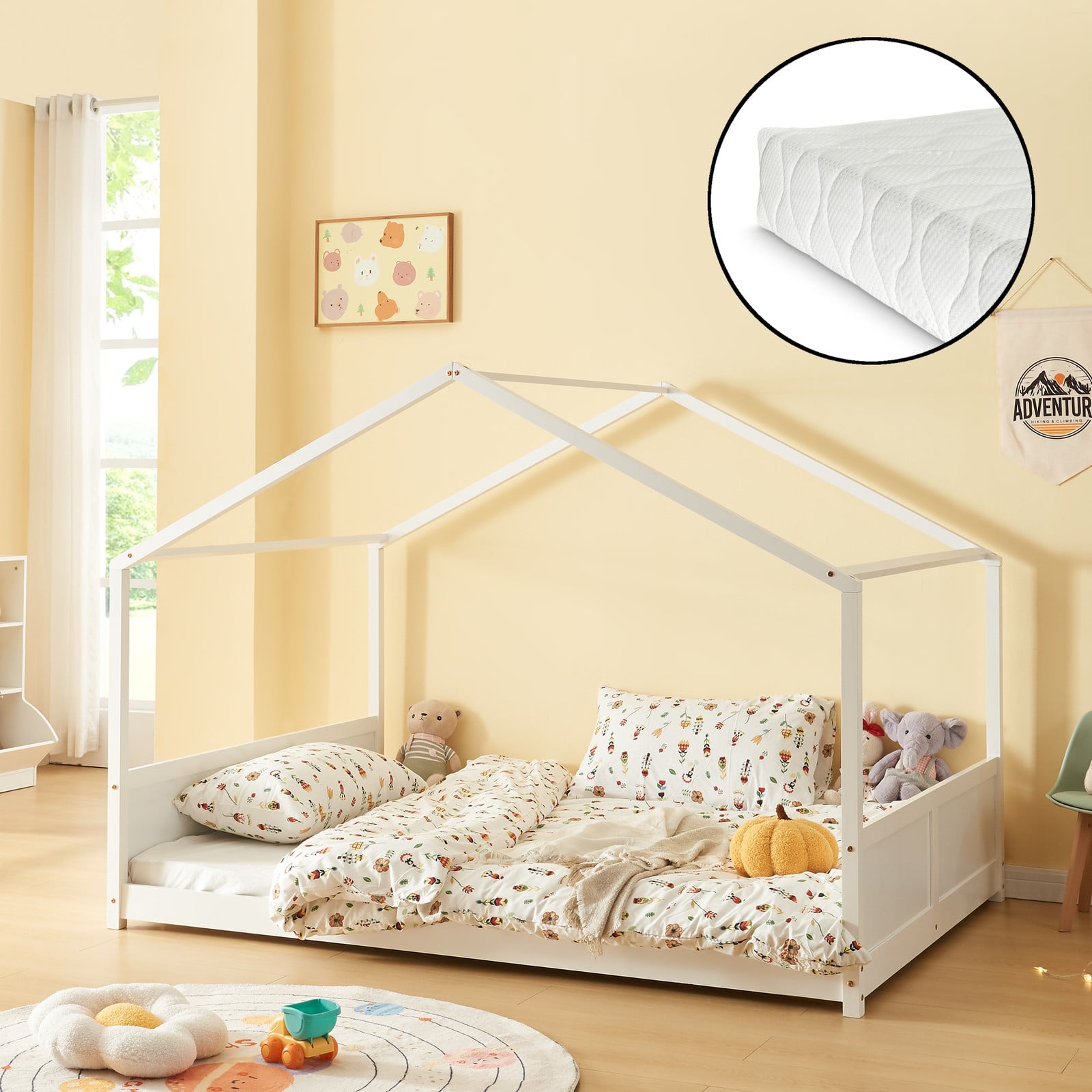en.casa Huisbed Simo voor kinderen van massief grenenhout met matras, wit, B/D: 120 x 200 cm