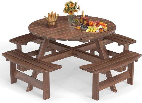 Famanu Gartentischset für 8 Personen aus Kiefernholz mit Sonnenschirmhalter - Braun