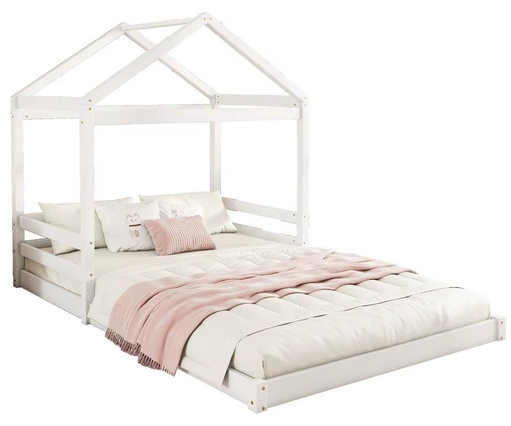 Hausförmiges Bettgestell - Einzelbett aus Kiefernholz - Lattenrost - 140 x 200 cm - Ohne Matratze - Montage erforderlich - Weiß