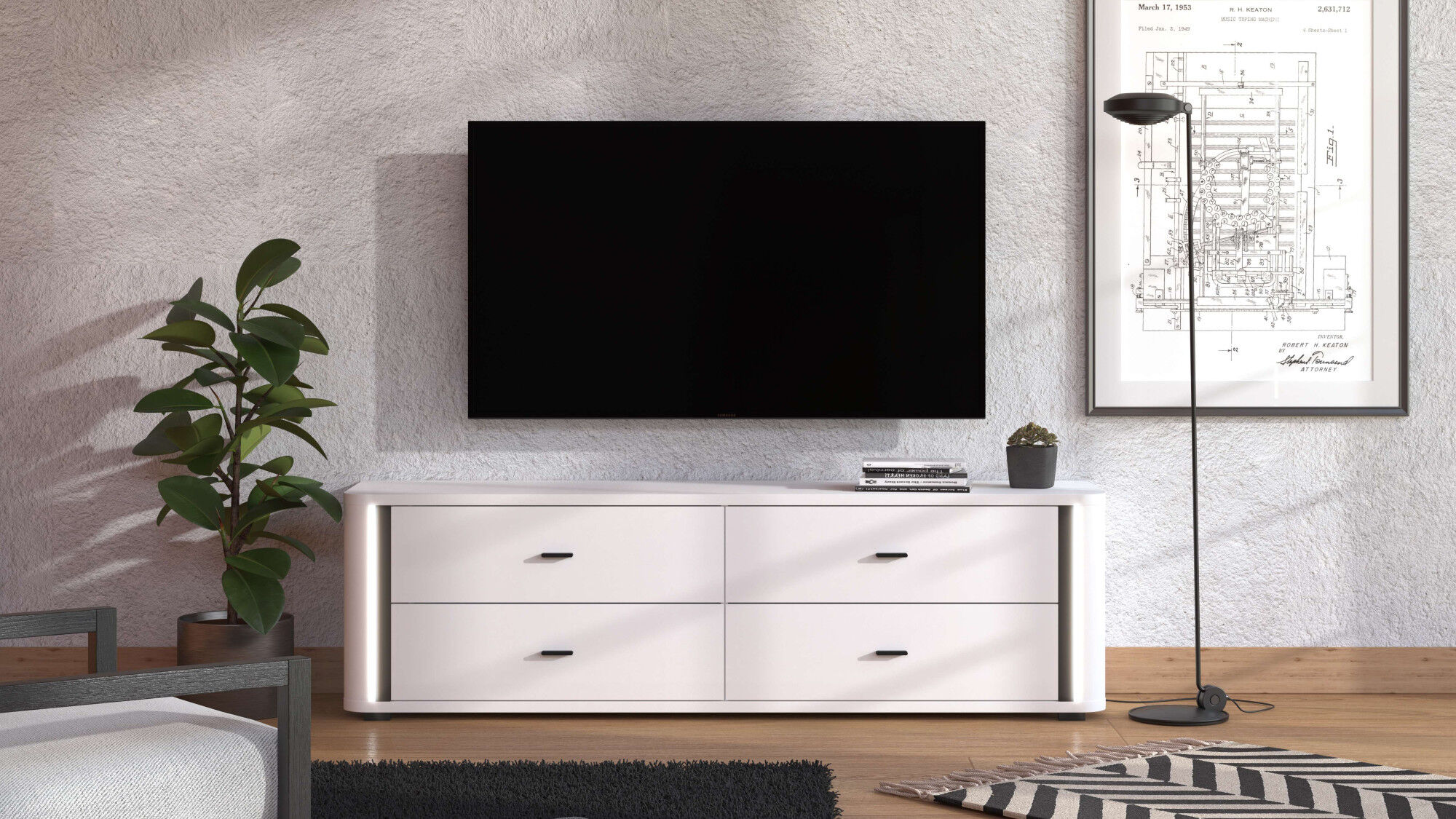TV-Bank HOME AFFAIRE "York, TV-Kommode, TV-Schrank, TV-Bank", schwarz (opaque weiß, schwarz), B:176,5cm H:52cm T:40cm, Sideboards, TV-Bank, mit 4 geräumigen Schubladen, Breite 176,5 cm, wandmontage