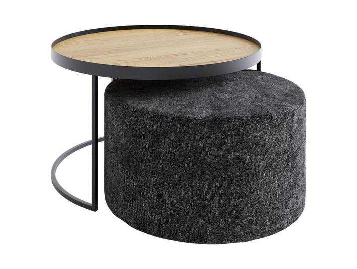 Novel Couchtischset Collare, Grau, Eiche, Holz, 2-teilig, Eiche, massiv, rund, C-Form, 50x49x50 cm, Holzmöbel, Holztische, Couchtische Holz