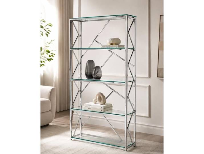 Bibliothèque GEOMAG Chrome 4 étagères en verre transparent