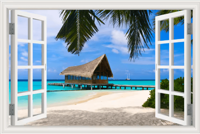 Inspire Picks 3D Beach Window Wall Sticker Ocean View Self Adhesive Wall Mural Decor 10 80x120cm 32x48inch