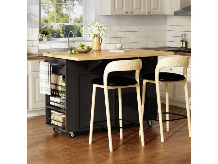 Île de cuisine mobile avec plan de travail pliable Armoire poubelle Placard de rangement Chariot de cuisine