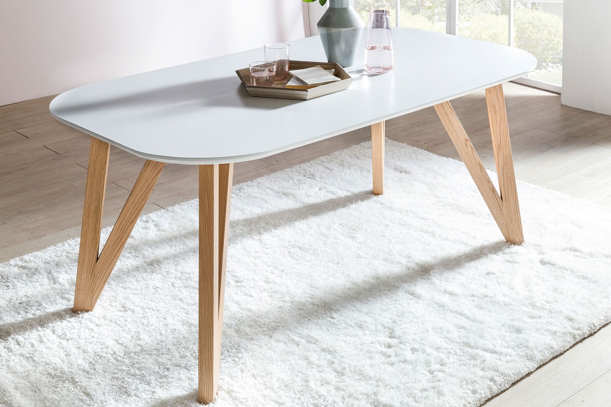 Esstisch SALESFEVER "Solna - Stilvoller Tisch für Ihr Zuhause", weiss (weiß, natur, weiß), B:180cm H:76cm T:90cm, Tische, Esstisch, Massive Eichen-Haarnadelbeine: Natürliches Design-Statement weiß, natur, weiß B/H/T: 180cm x 76cm x 90cm, 180x90cm