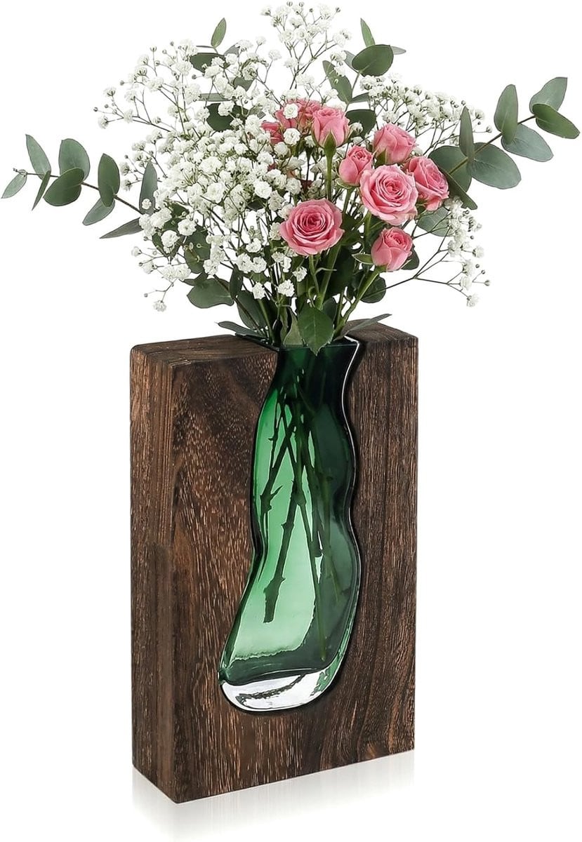 Elegante handgemaakte glazen bloemenvaas met houten basis voor moderne decoratie