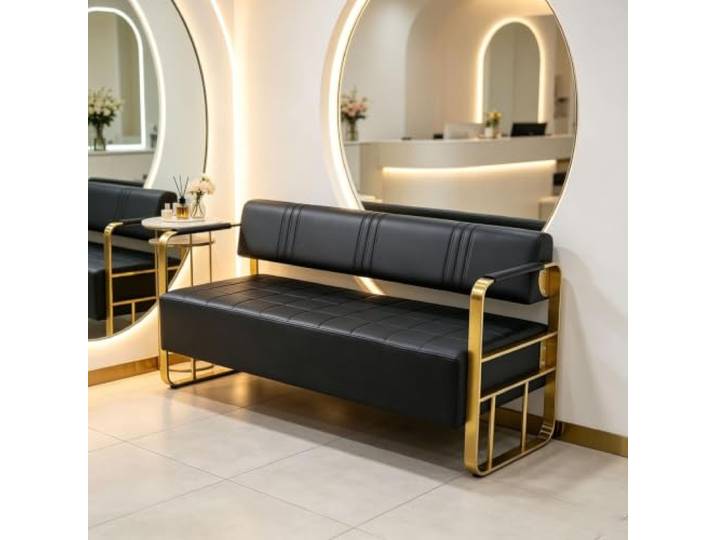 Wartezimmerbank mit Rückenlehne Sofa für den Empfangsbereich, Lobbybank Edelstahlgestell, gepolsterte Sitzfläche aus PU-Leder für Büro, Praxis, Lounge und Zuhause(Gold,150cm/59.1in)
