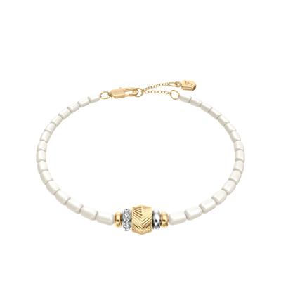 Armband FOSSIL "Harlow", gelbgoldfarben, edelstahlfarben, kristallweiß, perlmuttfarben, kristallweiß, Armbänder, Damen, 19,5cm, Edelstahl Perlen, Edelstahl, Perlen, Armband, mit Glasstein - mit Acryl