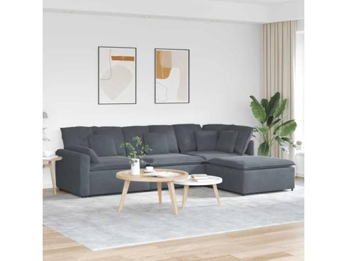 Modulares Sofa mit Fußhocker Kissen Samt Dunkelgrau 4 Teile 4 Module, Metallrahmen, Holzarmlehnen, Textilene-Sitzflächen, flexible Anordnung