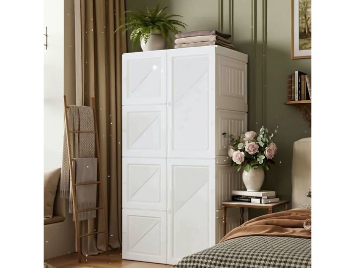 Armoire Pliable 136cm - Sans Installation - Charge 60kg - avec Penderie & Étagères - Plastique PP Blanc