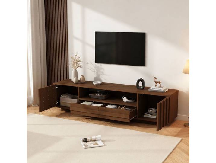Meuble TV Norevia 180 cm effet noyer et façades en relief 3D pour TV jusqu'à 75 pouces