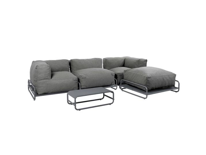Modulare Gartenmöbel für 4 Personen mit Gestell, bestehend aus 1 Sessel, 2 Ecksesseln, 1 Sitzsack und 1 Couchtisch