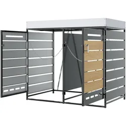 OKWISH Mülltonnenbox Eisen Schwarz mit Pflanzkasten, 2 Fächer, Holzoptik-Leisten, belüftet, wetterfest, mit Schlössern