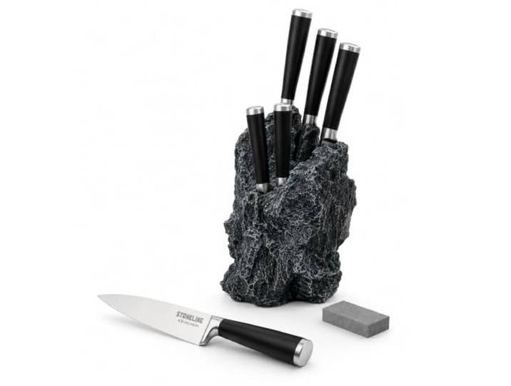 STONELINE EXCALIBUR Messerblock bestückt mit 5 Edelstahl Messer Rostfreier Spezialklingenstahl, Schleifstein, Profi Messer Set mit Block in Felsform, Kochmesser Allzweckmesser Schälmesser Küchenmesser