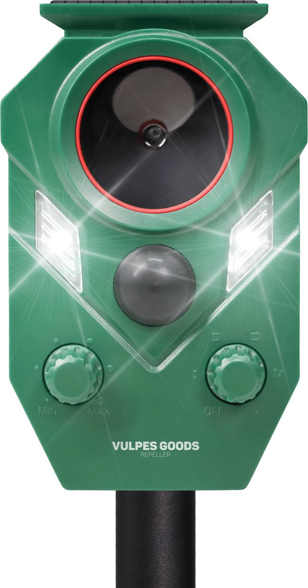Vulpes Goods Verjager - Ultrasone kattenverjager op zonneenergie met bewegingssensor, LED-flitslichten en 5 standen - Waterdicht IP65 - Premium versie