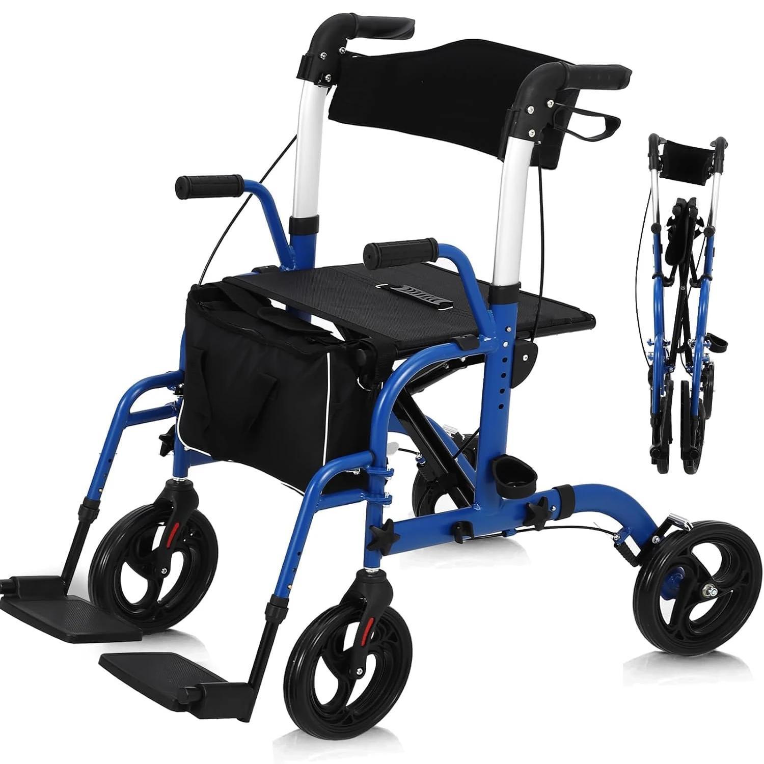 Gelände-Rollator für Senioren - Rollator Gehwagen mit Sitz - Faltbar - Höhenverstellbar - Rückenlehne - Leichtes Aluminium - 1001C
