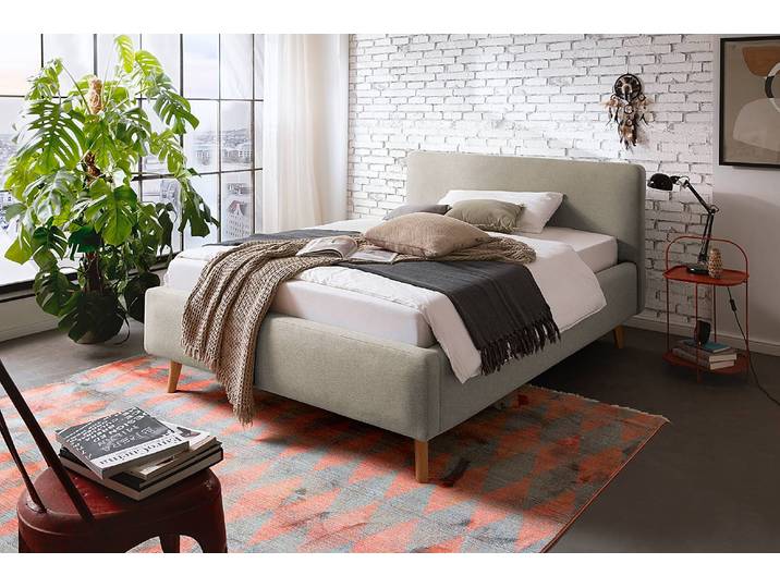 Polsterbett 140 x 200cm Webstoff Asha Braun/Taupe mit Lattenrost Eiche