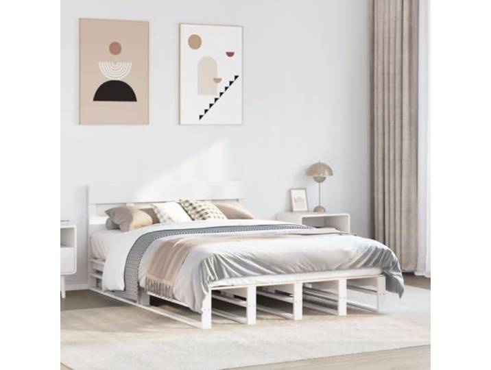 RJPLMFV Bettgestell, Massivholz, Kiefer, 150 x 200 cm, Weiß Lattenrost inklusive, Kopfteil inklusive, ohne Matratze, Schlafzimmer