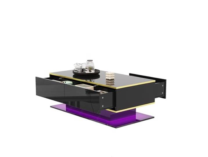 Merax Hochglanz Couchtisch 100x50x40 cm, mit LED, Goldverzierung, Wohnzimmertisch mit 3 Schubladen & offenem Fach, moderner Kaffeetisch für Wohnzimmer, Schwarz