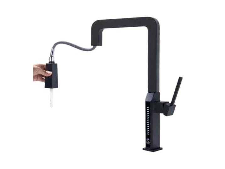 Küchenarmatur aus gebürstetem Gold, herausziehbare Spültischarmatur Messing mit LED-Anzeige, 360° drehbar,Flusskontrolle(Noir)