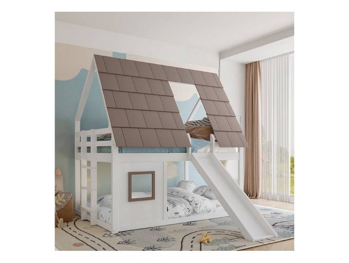Flieks Etagenbett, Hausbett Kinderbett 140x200cm mit Dach, Fenster, Leiter und Rutsche