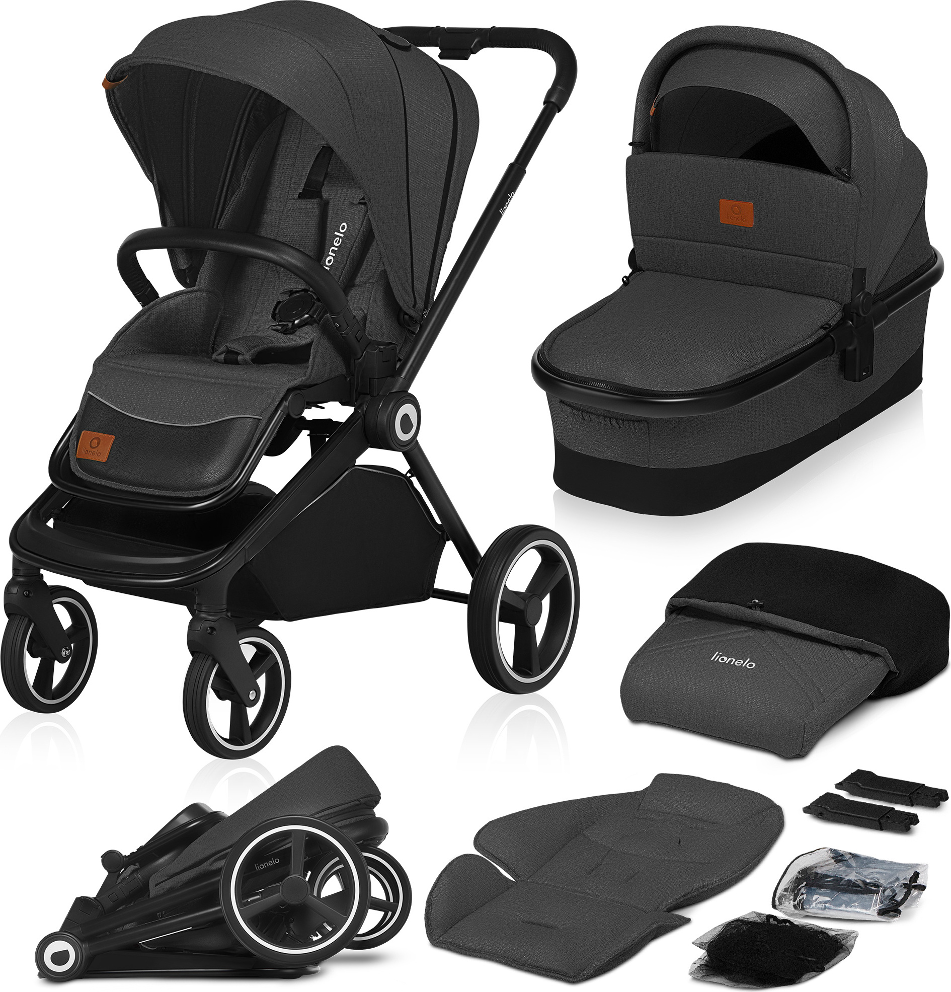Lionelo Mika 2in1 Kombikinderwagen. Babywanne, Kinderwagen, Buggy. Regenschutz, Schultergurt zum Transport, Matratze, Moskitonetz, Fußabdeckung, wasserdichtes Material, Gummiräder