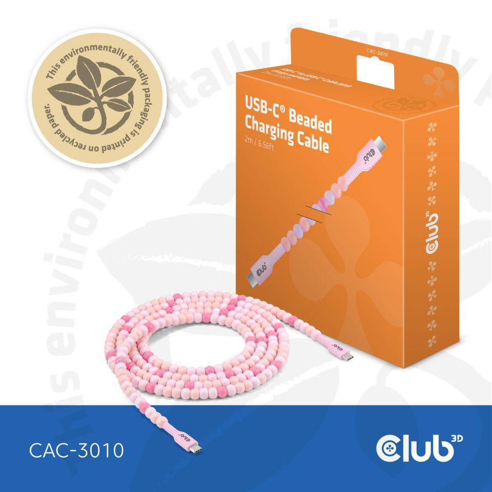 Club3D Club 3D USB Typ-C zu Typ-C Perlen Kabel 60W 2m pink CAC-3010