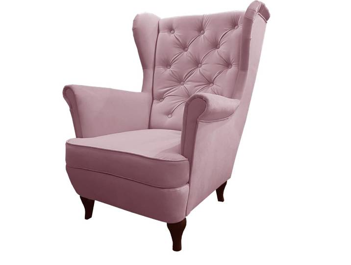 Fauteuil Chesterfield rose avec pieds en bois