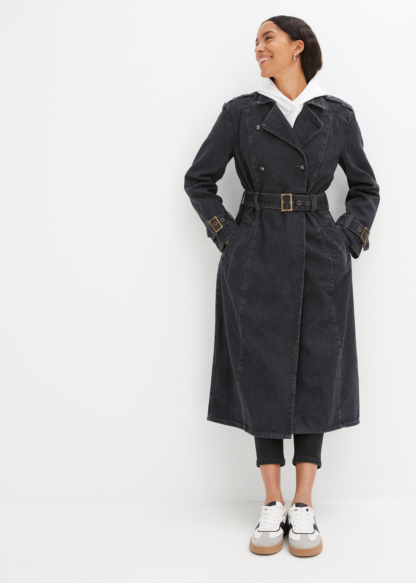 bonprix Denim Trenchcoat, grau, Gr.44, Trendy Denim Trenchcoat mit Gürtel, aus 100% Baumwolle