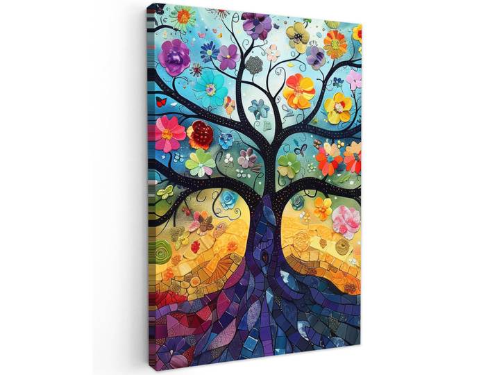 MuchoWow Leinwandbild - Kunst - Baum des Lebens - Blumen - Hippie - 60x90 - Kunstdruck, Dunkelblau, Textil, Kiefer, Abstrakt, Rechteckig, 60x90 cm, gerahmt, Bilder & Rahmen, Bilder, Wandbilder