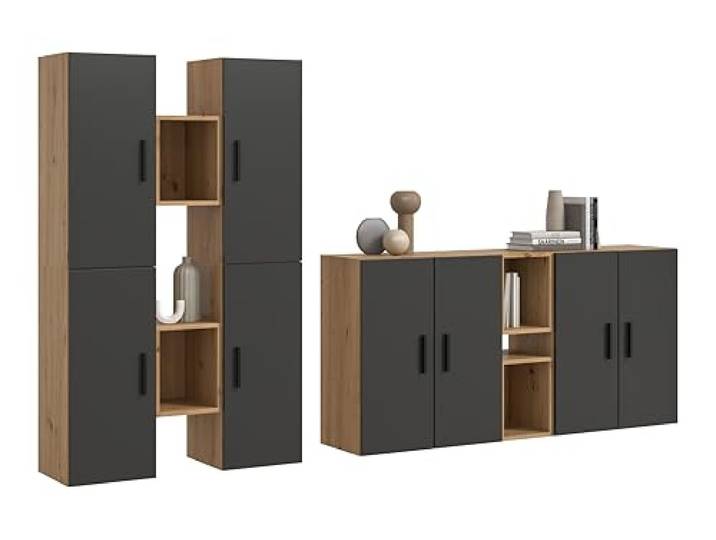 xonox.home – Wohnkombination The One 270x182x34 cm in Artisan Oak und Basalt – XXL Schrankwand mit 8 Türen – 20 Fächer ermöglichen eine systematische Aufbewahrung in einem exklusiven Materialmix