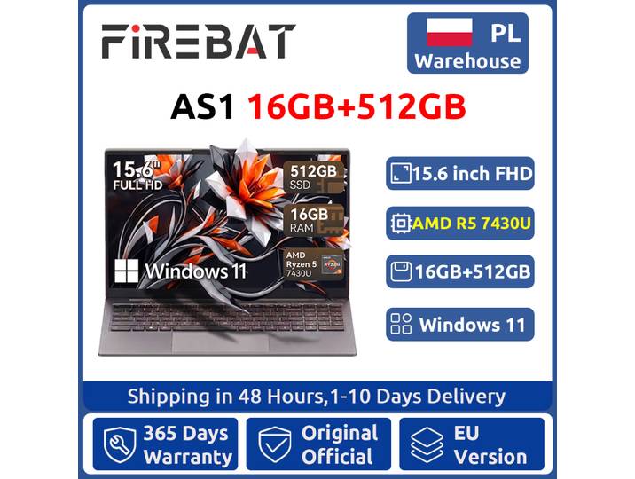 Firebat AS1 AMD R5 7430U 2026 Nouvel ordinateur portable 6 cœurs 15,6 pouces 16 Go de RAM DDR4 512 Go de SSD Jusqu'à 4,3 GHz
