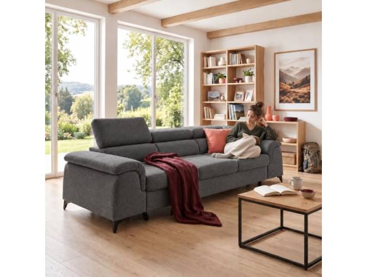 MUFFO 3-Sitzer Sofa PLAZA mit Schlaffunktion 260 cm Grau Whisper-Velours, ausziehbare Liegefläche 125 × 195 cm und verstellbare Kopfstützen