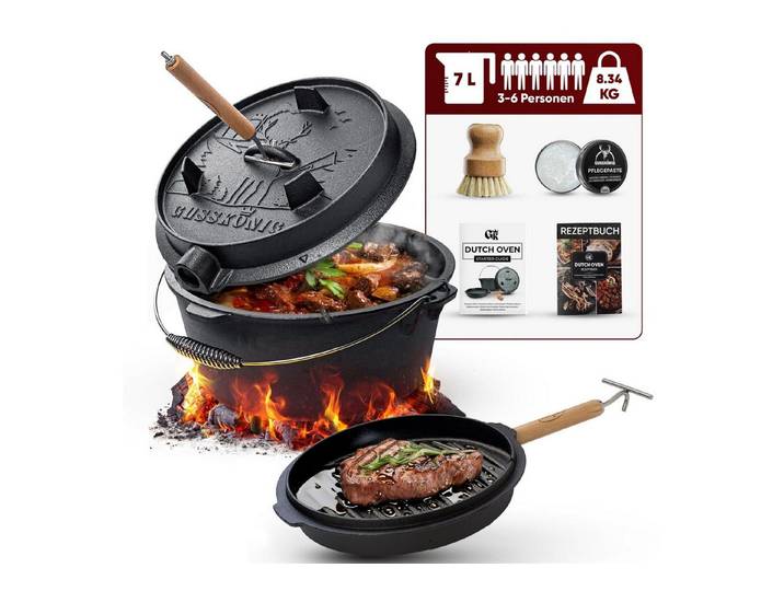 GUSSKÖNIG Grilltopf GUSSKÖNIG Dutch Oven Klassisch Topf mit Füßen 7Liter Set