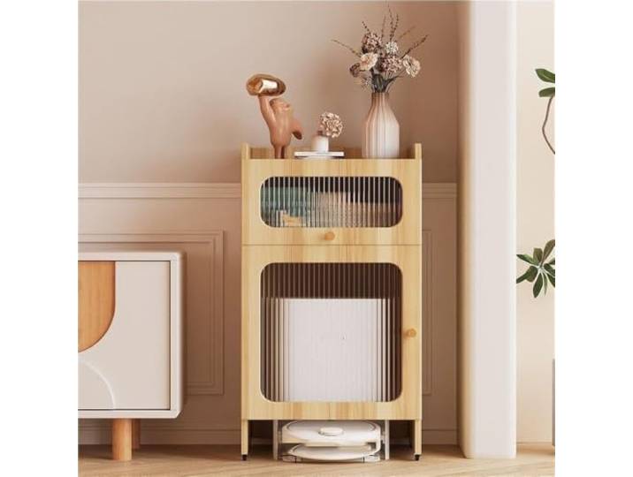 LigedamaiEU Holz-Lagerregal mit Rädern, moderner Roboter-Vakuumschrank, 3-stöckig, mit Türen, Schubladen, bewegliche Küche for Zuhause, leicht(Natural)