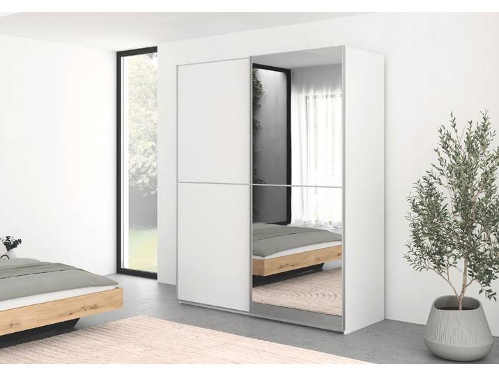 Schwebetürenschrank, 181x223 cm, Holzwerkstoff, Weiß, 2 Türen & Spiegel, Modern, Rauch