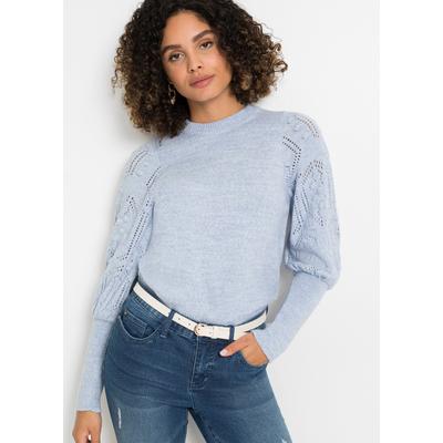 Strickpullover BONPRIX, Damen, Gr. 40/42 (M), blau (hellblau), Strick, Obermaterial: 84% Polyacryl, 10% Polyester, 6% Polyamid, gemustert, unifarben, bequem hüftbedeckend, Rundhals, weit extrabreites Bündchen, Pullover Strickpullover, Ballonärmel...