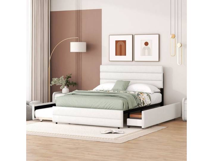 Lit plateforme en lin 140x200 cm avec lit gigogne et tiroirs beige