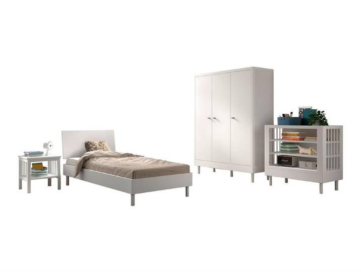 58 aufm Kessel Jugendzimmer-Set Einzelbett Set 90x200 Keeley Buche Schrank Regal Weiß, (inkl. Versand, Lieferung bis Verwendungsstelle), Schlafzimmer komplett Bett und vielseitigem Stauraum aus Buche massiv