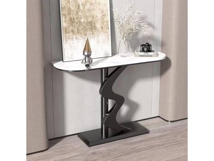 Moderner Konsolentisch,Schmaler Flurtisch mit Steinplatte und Metallgestell Hochwertige Steinplatte, Kratzfest, Stabiler Metallrahmen, Platzsparend, Modernes Design(Black+White,150cm)